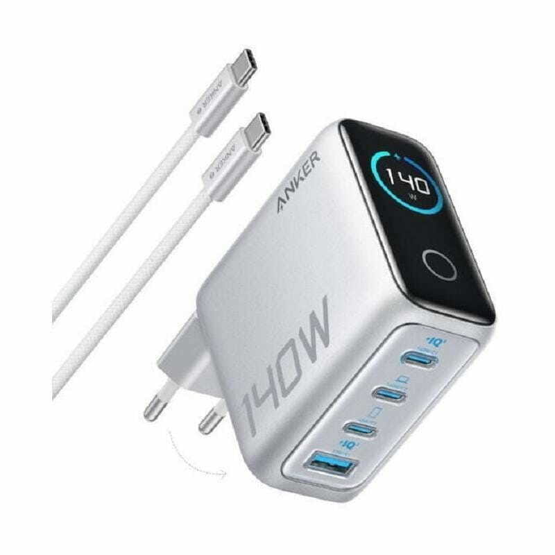 Мережевий зарядний пристрій Anker Laptop GaN Charger Silver, 140W 3xUSB-C 1xUSB-A Display (B2697G41) + кабель USB Type-C