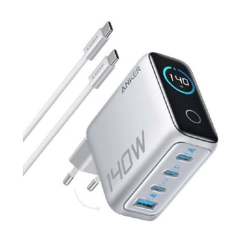 Сетевое зарядное устройство Anker Laptop GaN Charger Silver, 140W 3xUSB-C 1xUSB-A Display (B2697G41) + кабель USB Type-C