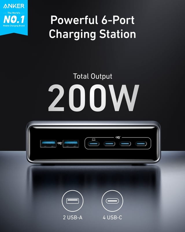 Мережевий зарядний пристрій Anker PowerPort GaNPrime 200W 4xUSB Type-C, 2xUSB Type-A Black (A2683341)