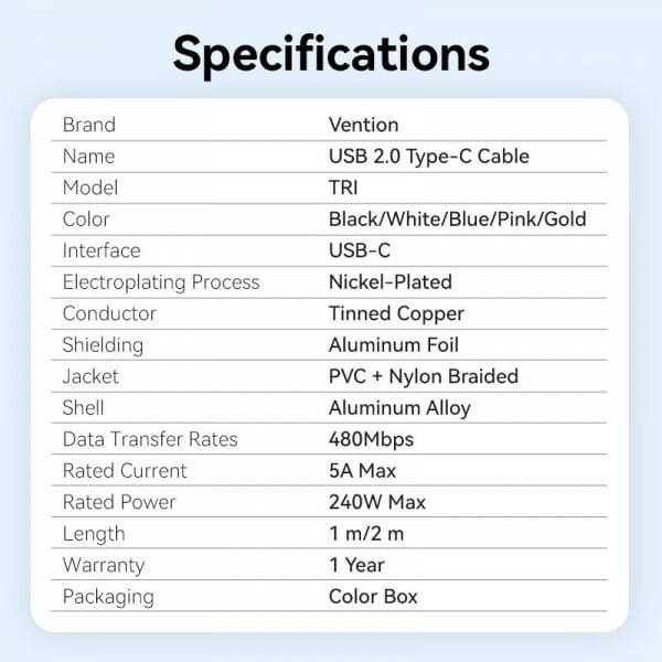 Кабель Vention USB Type-C - USB Type-C (M/M), 240W, 5A, 2 м, Black (TRIBH)