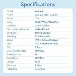 Кабель Vention USB - USB Type-C (M/M), 60W, 3A, 2 м, White (CTNWH)