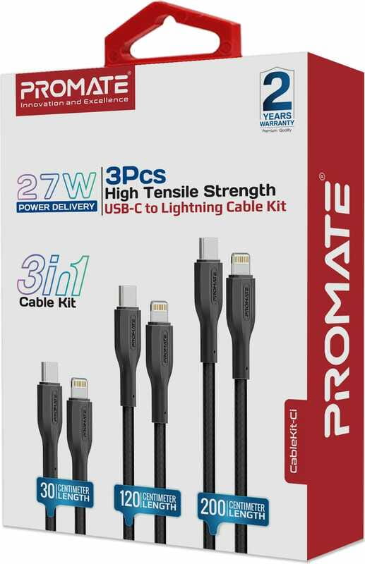 Комплект кабелей Promate USB Type-C - Lightning (M/M), 3A, 27W, 0.3 м, 1.2 м, 2 м Black (cablekit-ci)