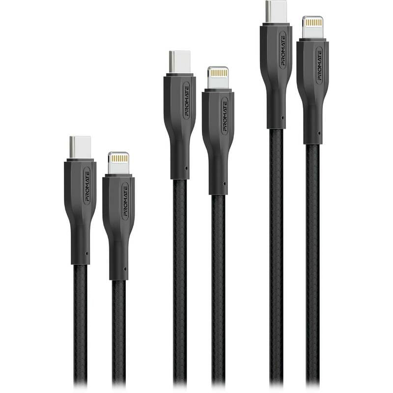 Комплект кабелей Promate USB Type-C - Lightning (M/M), 3A, 27W, 0.3 м, 1.2 м, 2 м Black (cablekit-ci)