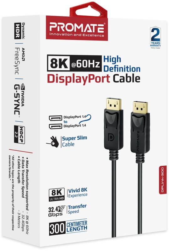 Кабель Promate DisplayPort - DisplayPort V 1.4 (M/M), 3 м, (dplink-300.black)