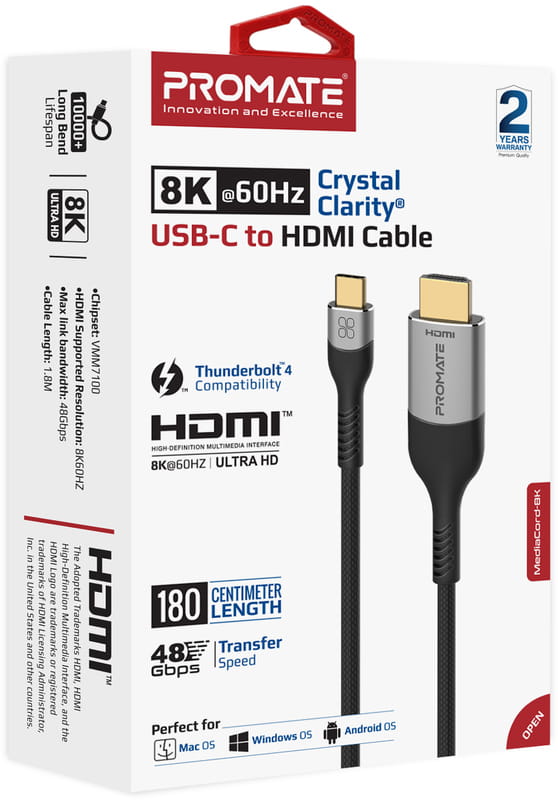 Кабель Promate USB Type-C - HDMI V 2.1 (M/M), 1.8 м, Grey (mediacord-8k.grey)