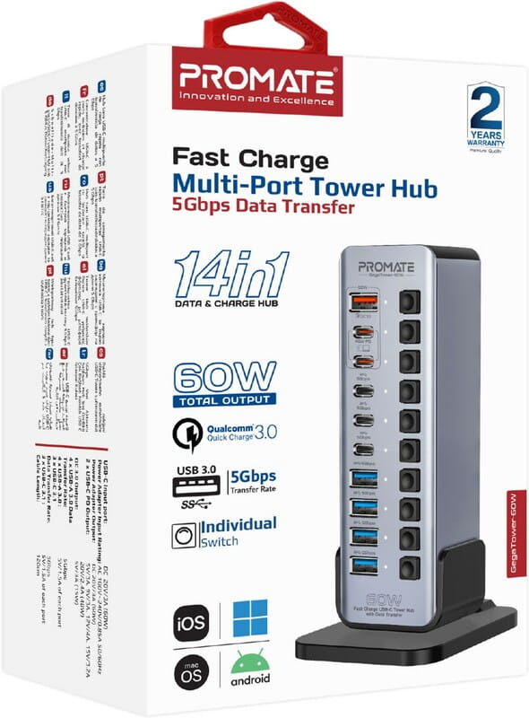 USB-хаб Promate GegaTower-60w USB Type-C Grey
