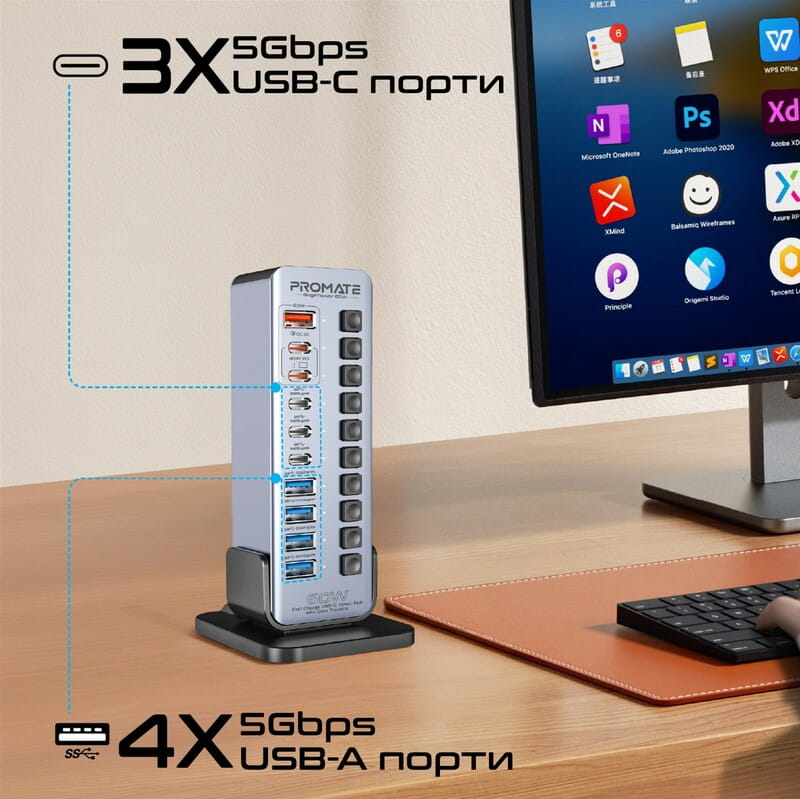USB-хаб Promate GegaTower-60w USB Type-C Grey