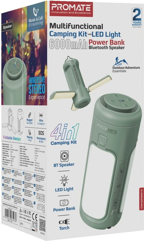 Фонарик кемпинговый Promate с Bluetooth колонкой и встроенным повербанком на 6000 мАч Green (campmate-4)