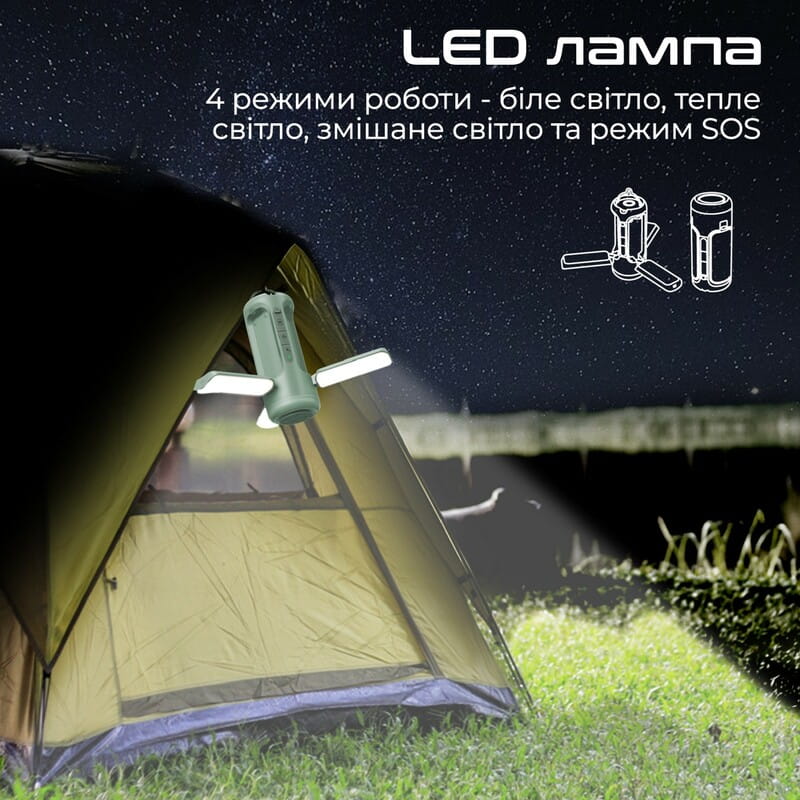 Фонарик кемпинговый Promate с Bluetooth колонкой и встроенным повербанком на 6000 мАч Green (campmate-4)