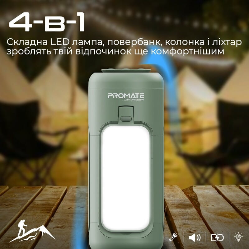 Фонарик кемпинговый Promate с Bluetooth колонкой и встроенным повербанком на 6000 мАч Green (campmate-4)