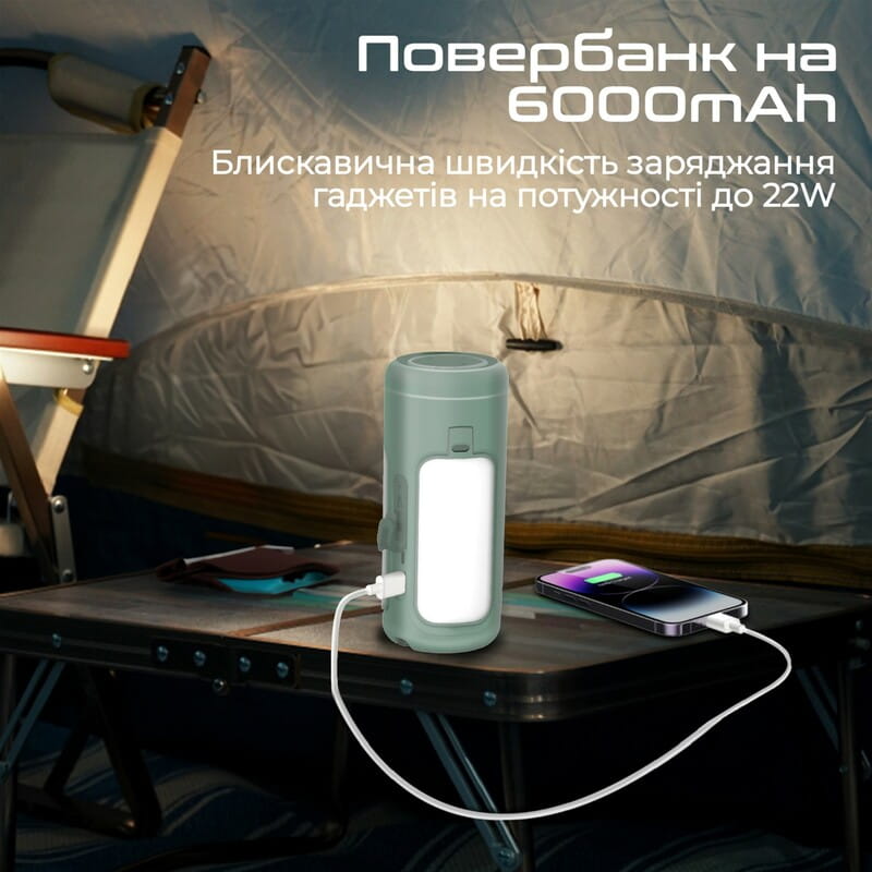 Фонарик кемпинговый Promate с Bluetooth колонкой и встроенным повербанком на 6000 мАч Green (campmate-4)