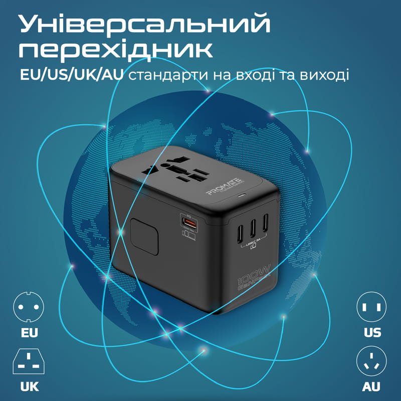 Зарядний пристрій Promate TripMate-GaN100 100W Black