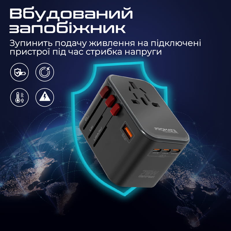 Зарядное устройство Promate TripMate-GaN75 75W Black