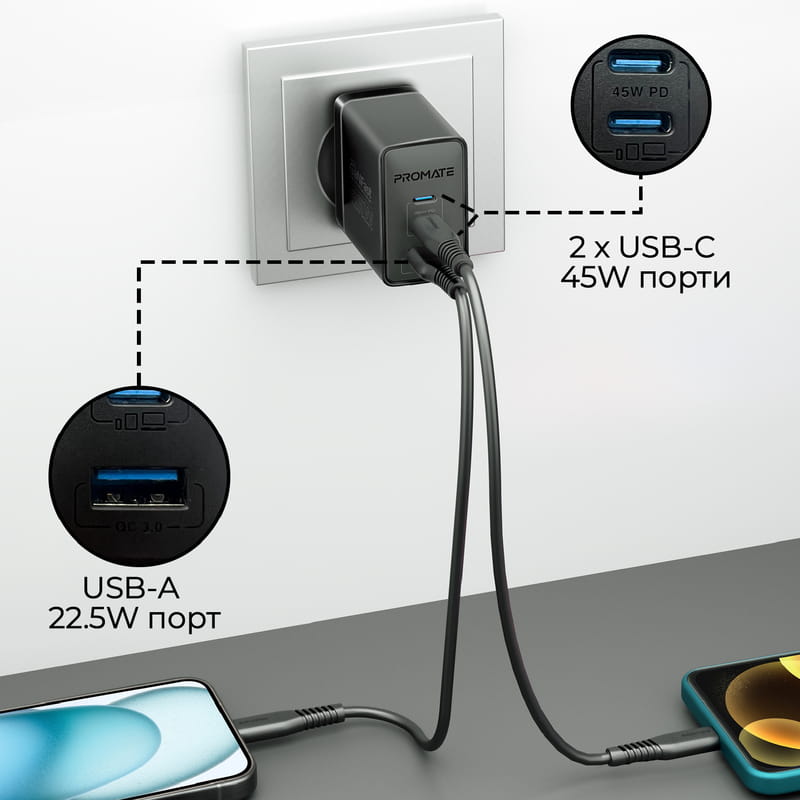 Зарядное устройство Promate PowerPort 45W Black