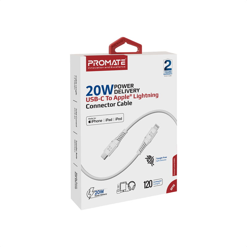 Кабель Promate USB Type-C - Lightning (M/M), 3 A, 20 W, 1.2 м, PowerLine-Ci120 White