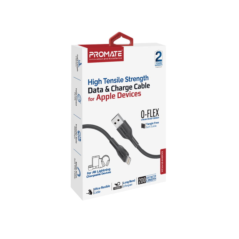 Кабель Promate xCord-Ai200 USB - Lightning (M/M), 2 A, 2 м, Black