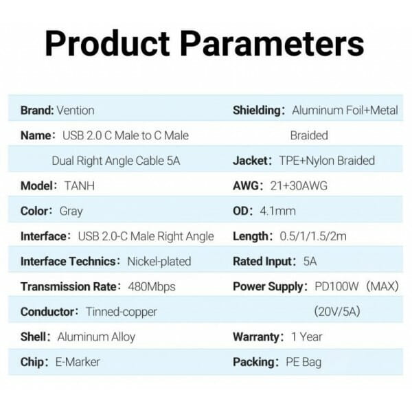 Кабель Vention USB Type-C - USB Type-C (M/M), 1.5 м, Grey (TANHG)