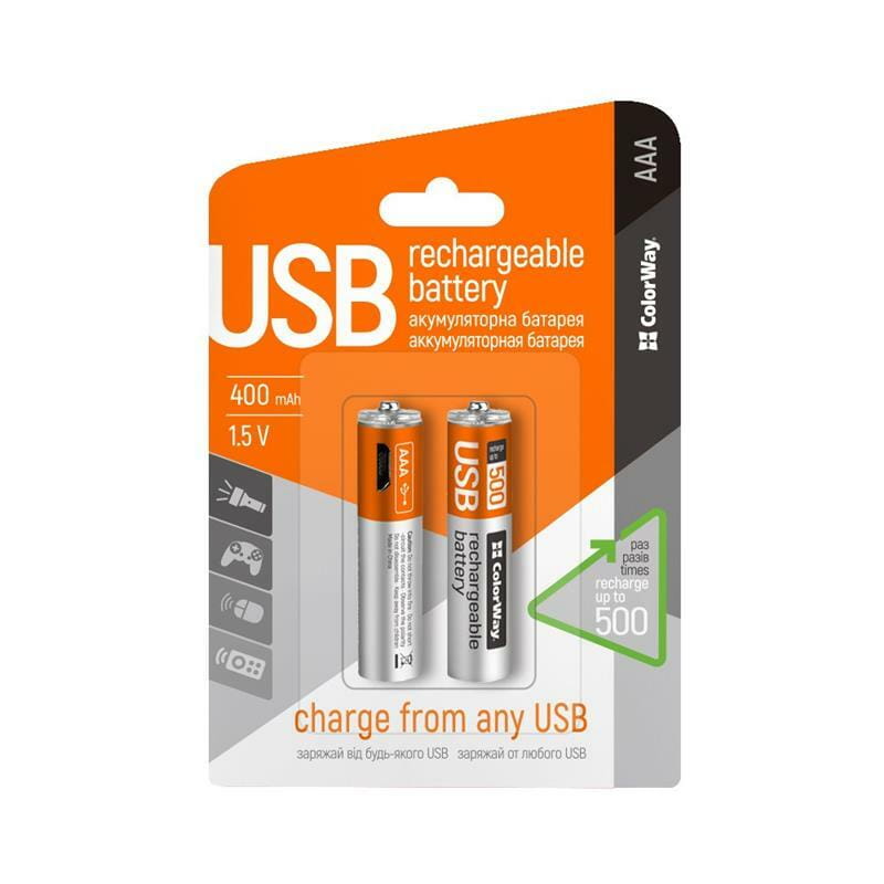 Аккумулятор microUSB ColorWay (CW-UBAAA-01) AAA/HR03 Li-Pol 400 mAh BL 2шт