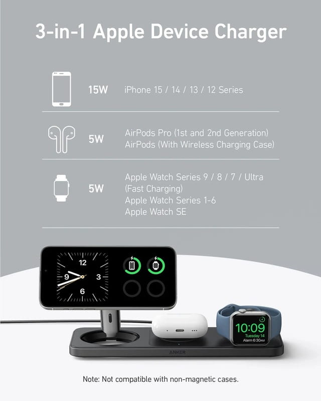 Бездротовий зарядний пристрій Anker MagGo Wireless Charging Pad 15W 3-in-1 Black (B25M1311)