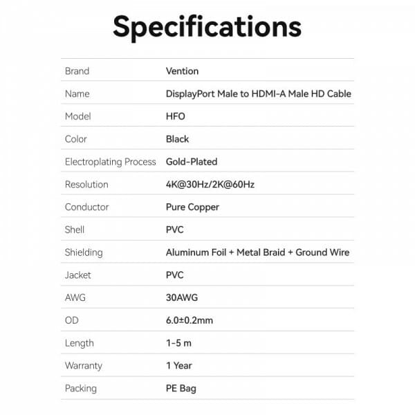 Кабель Vention DisplayPort - HDMI (M/M), 1 м, Black (HFOBF)