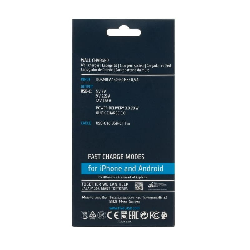 Зарядное устройство Rivacase PS4101 WD4 (USB-Cх3A) 20W White + кабель USB Type-C