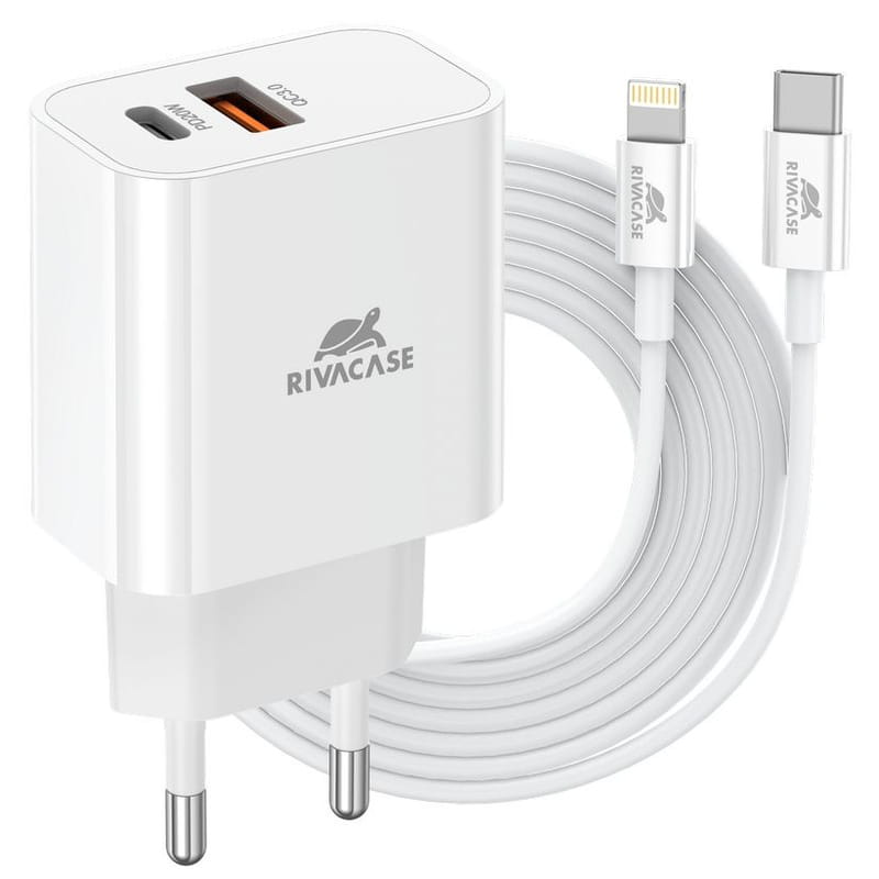 Зарядний пристрій Rivacase PS4102 WD5 (USBх3A, USB-Cх3A) 20W White + кабель USB Type-C/Lightning