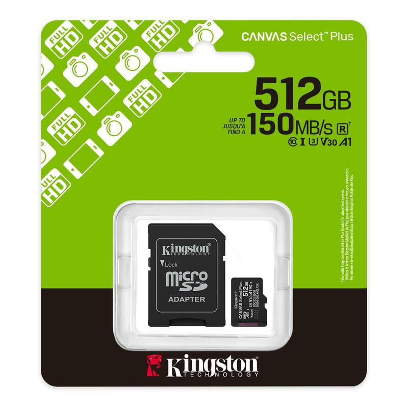 Карта памяти MicroSDXC 512GB UHS-I Class 10 Kingston Canvas Select Plus R150MB/s + SD-адаптер (SDCS3/512GB)