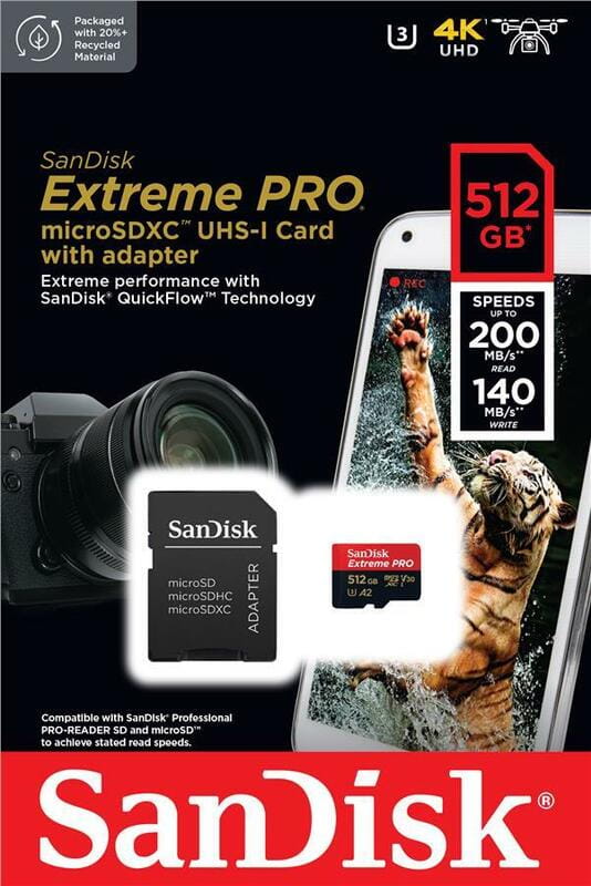 Карта пам`ятi MicroSDXC 512GB UHS-I U3 R200/W140MB/s SanDisk Extreme Pro V30 + SD-адаптер (SDSQXCD-512G-GN6MA)
