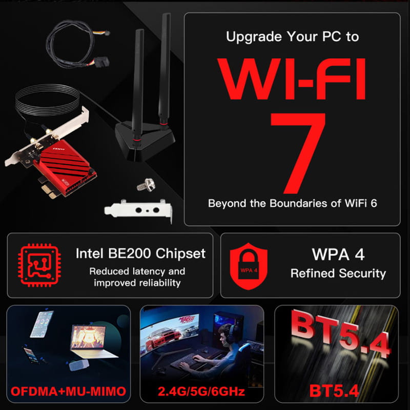 Беспроводной адаптер Fenvi FV-BE8800Pro Wi-Fi 7, Bluetooth 5.4 Gaming Tri Band 2.4G/5G/6GHz