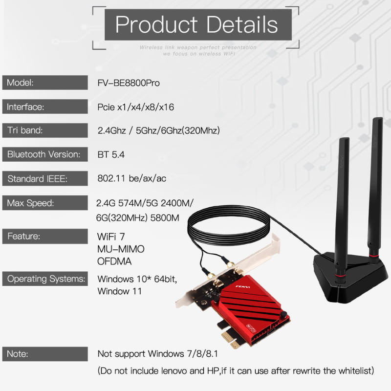 Беспроводной адаптер Fenvi FV-BE8800Pro Wi-Fi 7, Bluetooth 5.4 Gaming Tri Band 2.4G/5G/6GHz