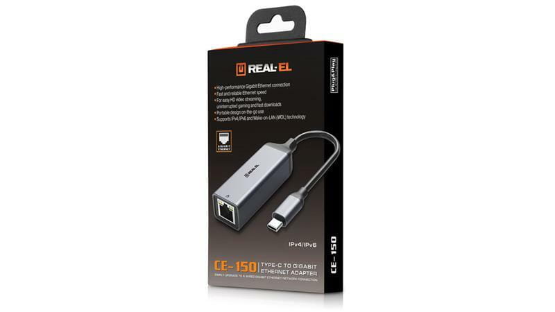 Сетевой адаптер REAL-EL CE-150 USB Type-C - RJ45 (M/F), 0.1 м, Black (EL123110004)