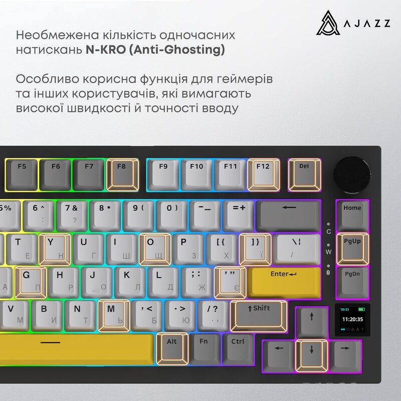 Клавіатура бездротова Ajazz AK820 Pro Flying Fish Switch Black RGB With Screen (AK820PRO-FF-BGY)