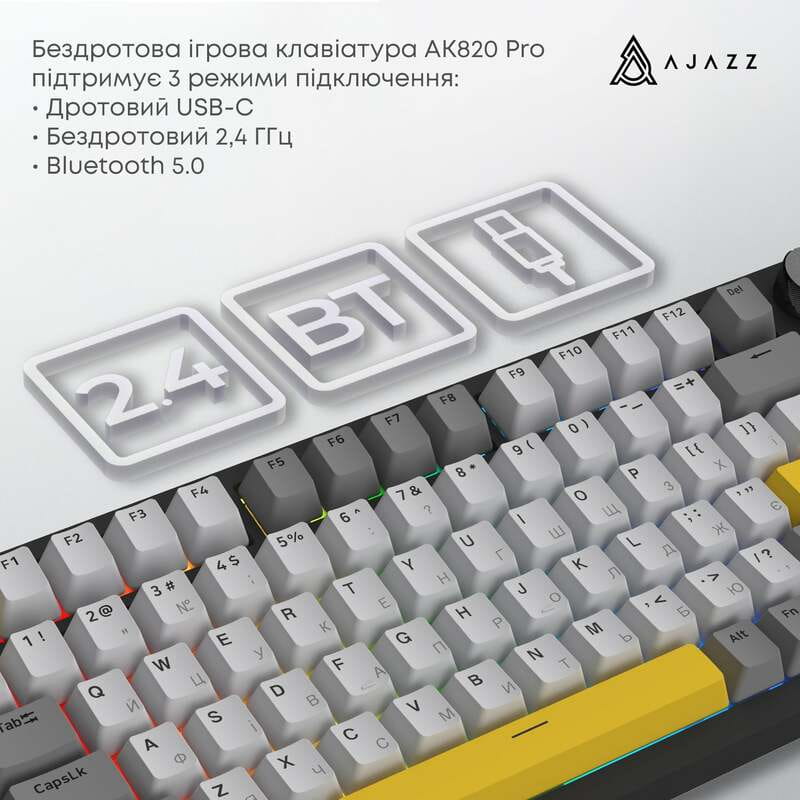 Клавиатура беспроводная Ajazz AK820 Pro Flying Fish Switch Black RGB With Screen (AK820PRO-FF-BGY)