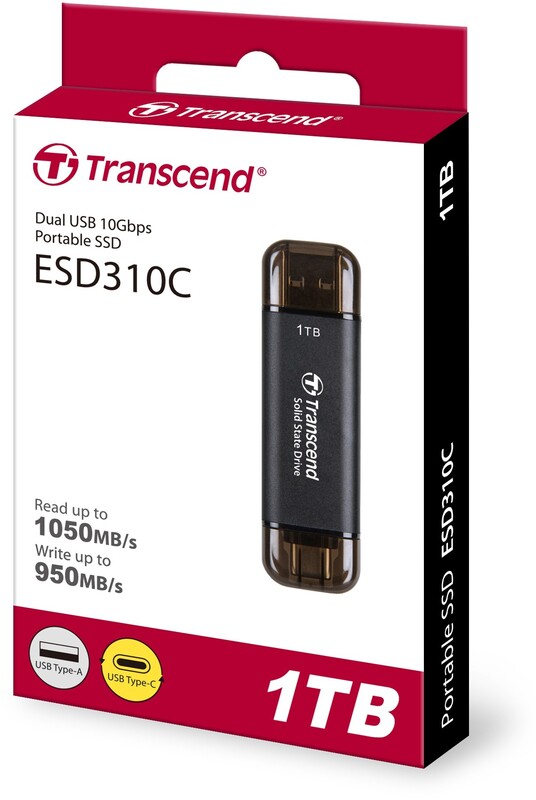 Накопичувач зовнішній SSD USB 3.1 Gen 2 Type-A/Type-C 1TB Transcend ESD310 Black (TS1TESD310C)