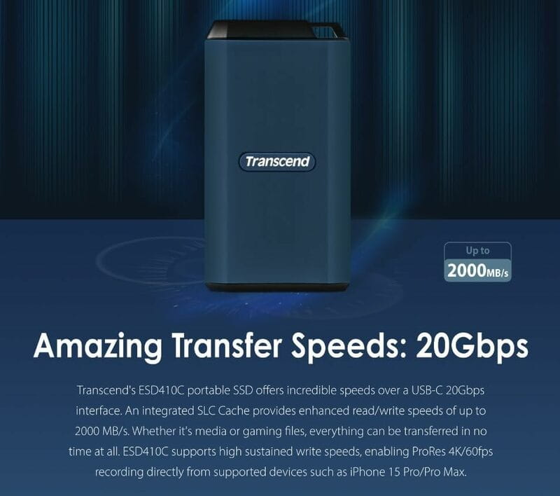 Накопичувач зовнішній SSD USB 3.2 Gen 2 Type-C 2.0TB Transcend ESD410C Blue (TS2TESD410C)