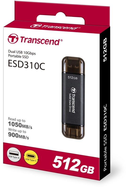 Накопичувач зовнішній SSD USB 3.1 Gen 2 Type-A/Type-C 512GB Transcend ESD310 Black (TS512GESD310C)