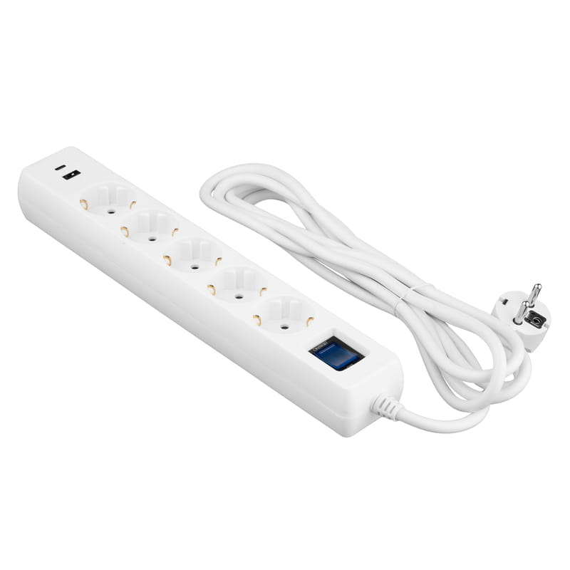 Сетевой фильтр 2E 5хSchuko, 1 х USB, 1 x USB-C, 3 м (2E-SP515M3USBWH)