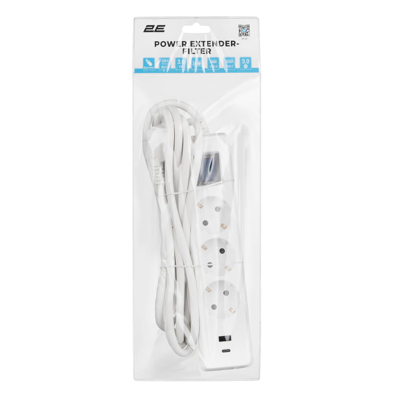 Сетевой фильтр 2E 3хSchuko, 1 х USB, 1 x USB-C, 3 м (2E-SP315M3USBWH)
