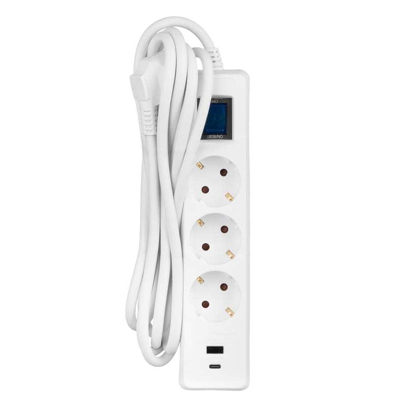 Сетевой фильтр 2E 3хSchuko, 1 х USB, 1 x USB-C, 3 м (2E-SP315M3USBWH)