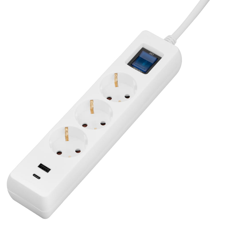 Сетевой фильтр 2E 3хSchuko, 1 х USB, 1 x USB-C, 3 м (2E-SP315M3USBWH)
