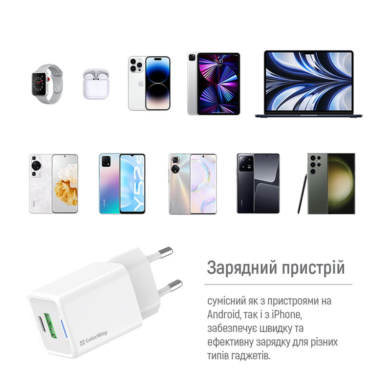 Сетевое зарядное устройство ColorWay GaN Mini 20W PD Port PPS USB (Type-C PD + USB QC4.0) White (CW-CHS062PD-WT)
