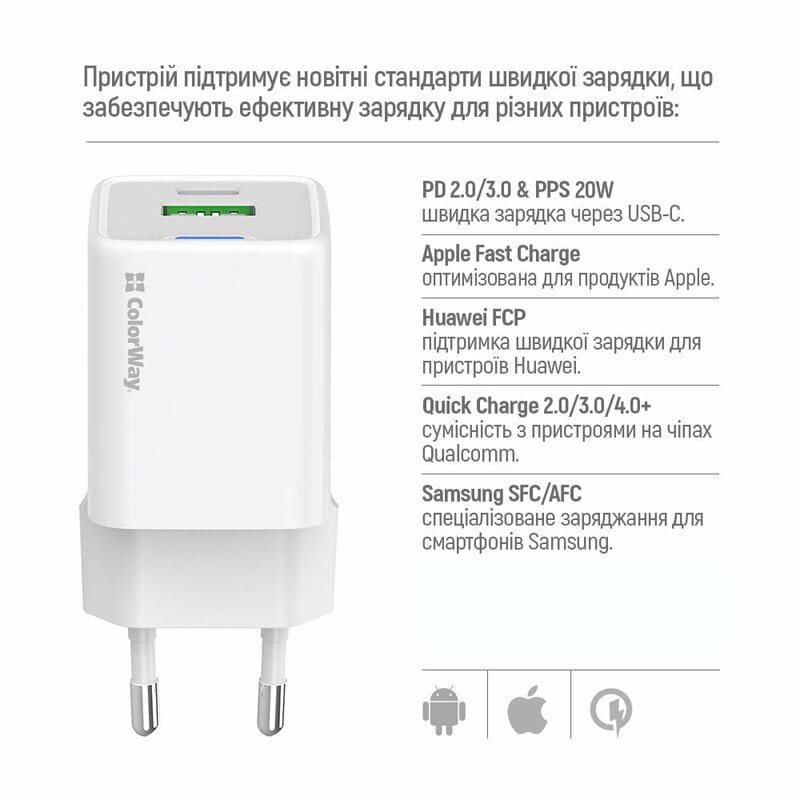 Сетевое зарядное устройство ColorWay GaN Mini 20W PD Port PPS USB (Type-C PD + USB QC4.0) White (CW-CHS062PD-WT)