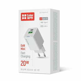 Мережевий зарядний пристрій ColorWay GaN Mini 20W PD Port PPS USB (Type-C PD + USB QC4.0) White (CW-CHS062PD-WT)