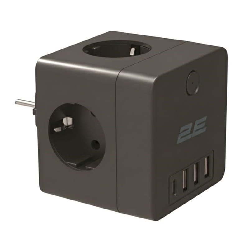 Мережевий адаптер 2E 4xТип F, 16A, 3xUSB-A, 1x USB-C, чорний (2E-AD431BK)