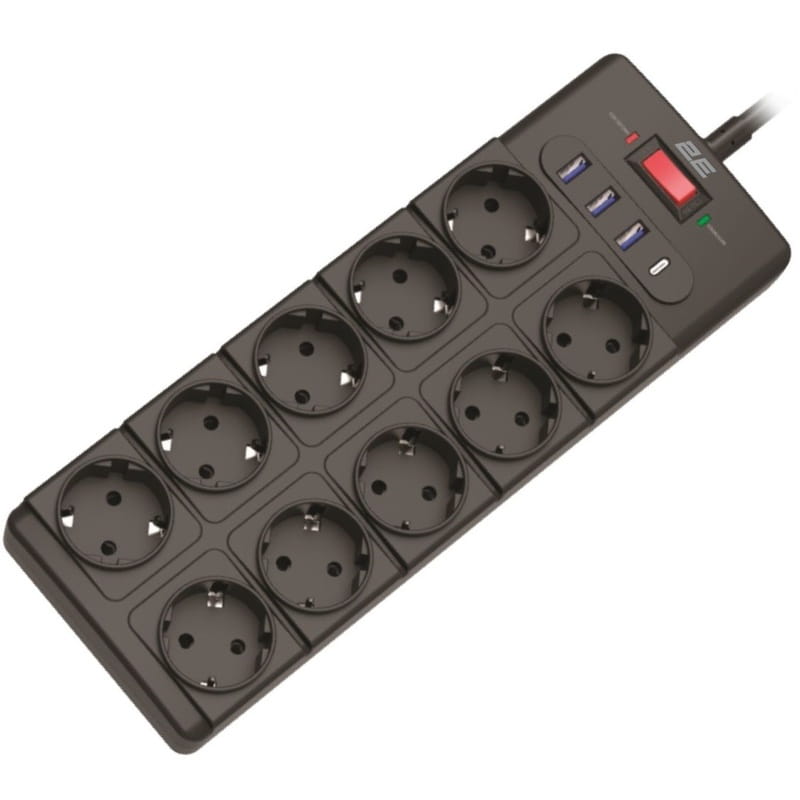 Мережевий фільтр 2E 10xТипF, 16A, 3xUSB-A, 1x USB-C, 3 м, чорний (2E-SP10M3USBBK)