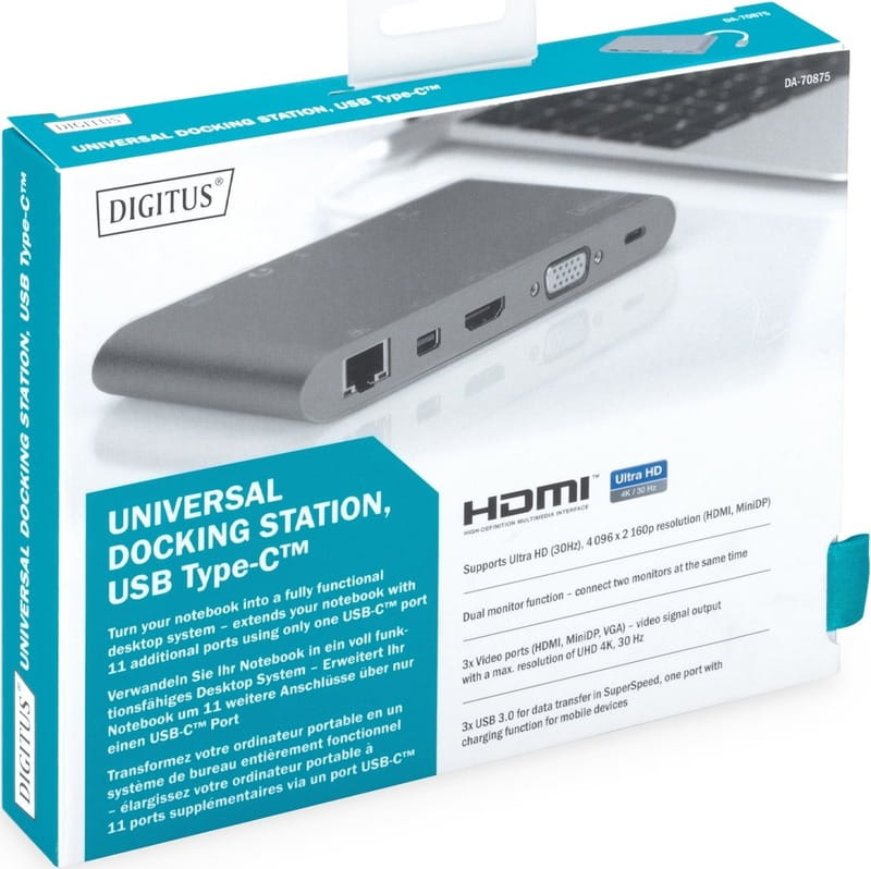 Док-станція Digitus USB-C USB3.0х3/USB-C/SD/MicroSD/HDMI/VGA/miniDisplayPort/RJ45/Audio (DA-70875)