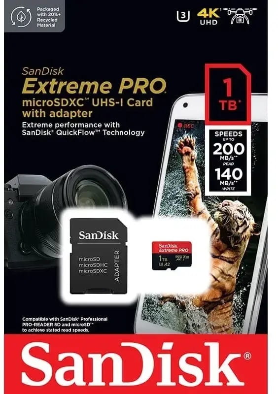 Карта памяти MicroSDXC 1TB UHS-I R200/W140MB/s SanDisk Extreme Pro V30 U3 + SD Adapter (SDSQXCD-1T00-GN6MA)
