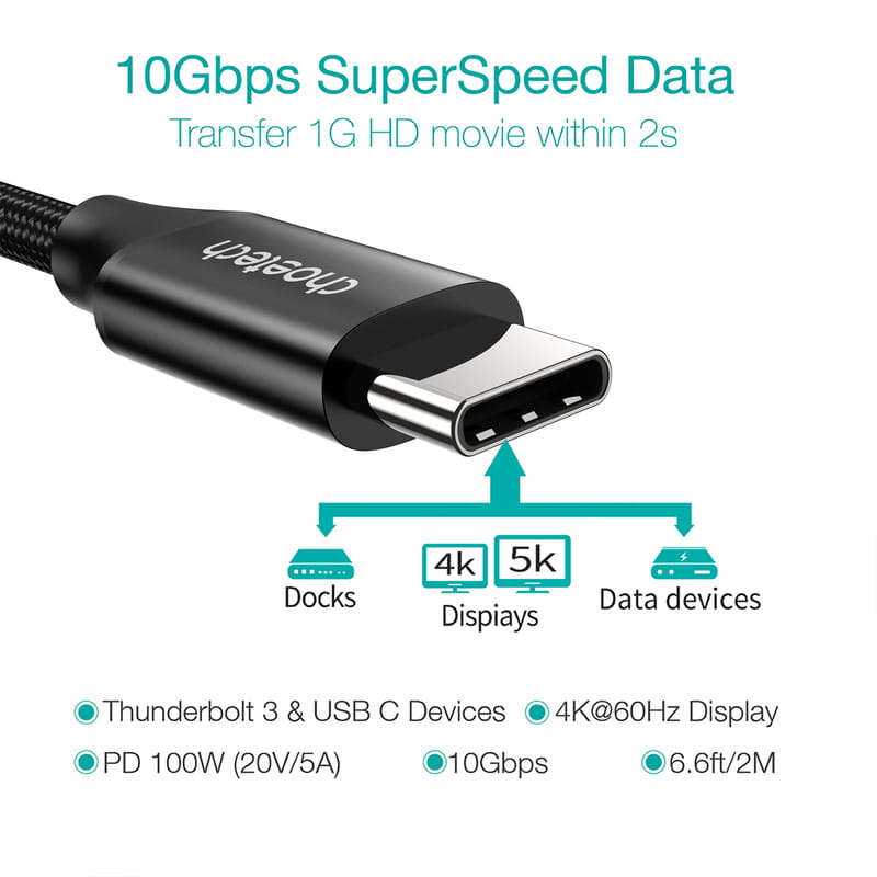 Кабель Choetech USB Type-C - USB Type-C (M/M) 100W, 2м Black (XCC-1007-V2-BK)