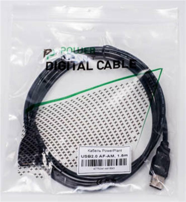 Кабель PowerPlant (KD00AS1189) USB2.0(AF)-USB2.0(AM), 1.5м, Black