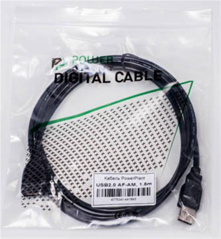 Кабель PowerPlant (KD00AS1189) USB2.0(AF)-USB2.0(AM), 1.5м, Black